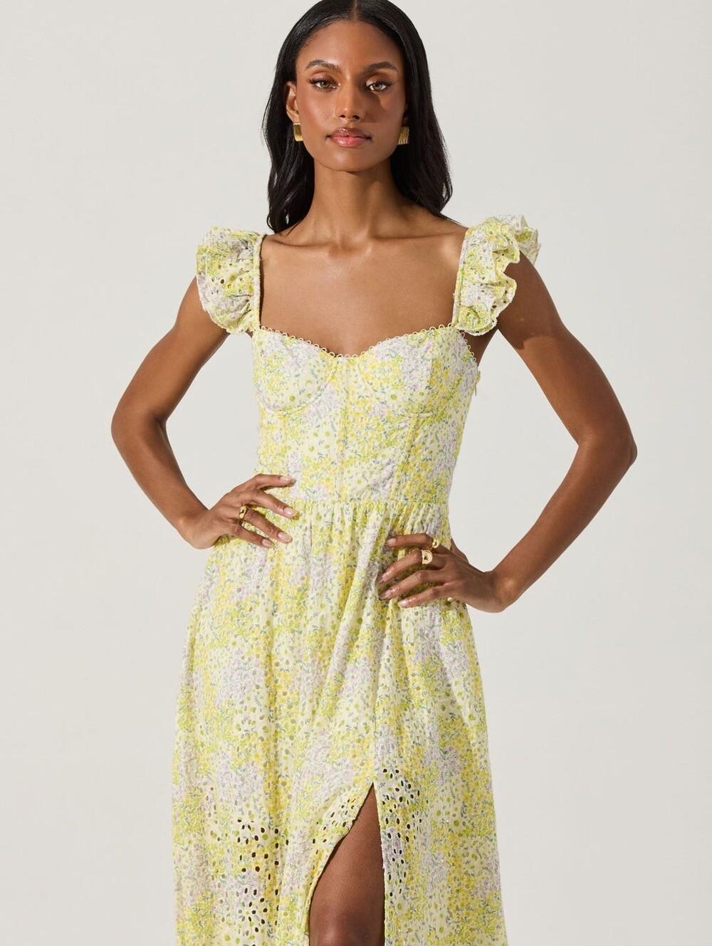 Astr Yellow Floral Eyelet Midi Dress - Picture 9 of 14